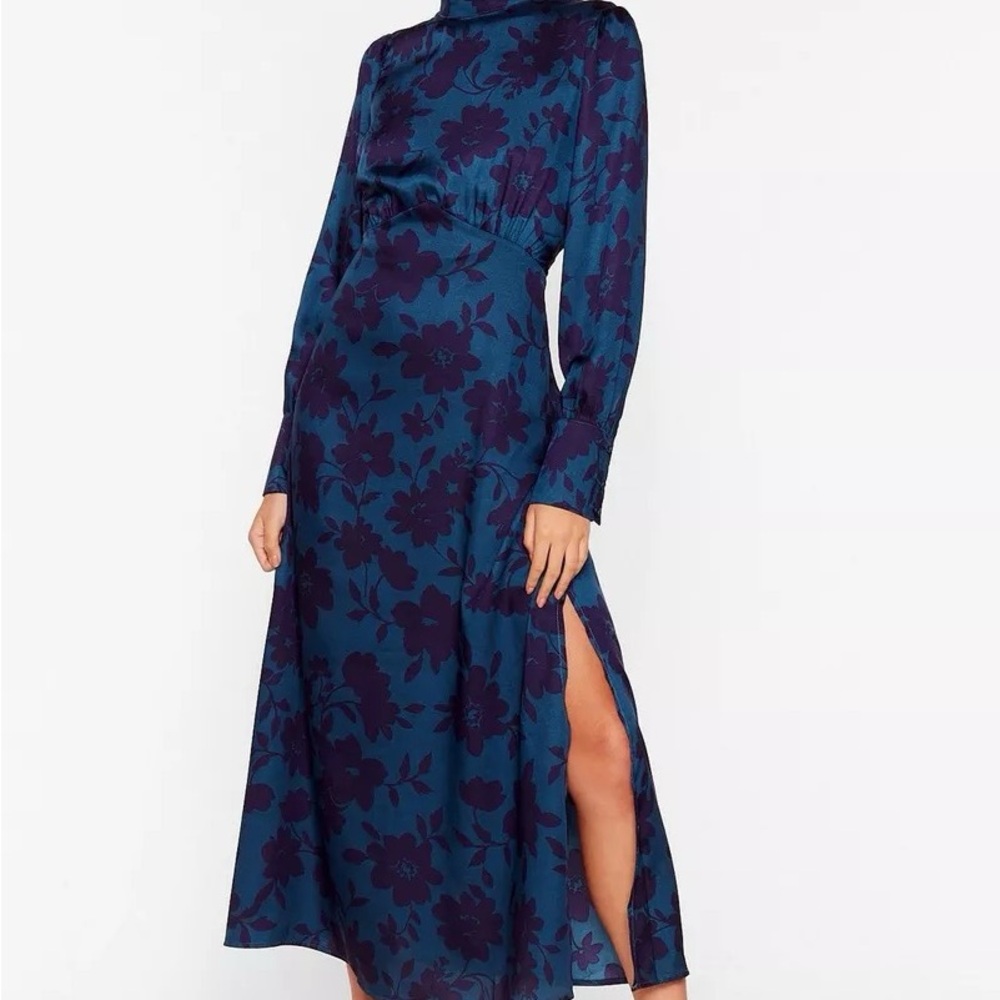 Nasty Gal Blue Satin Dress with Long Bishop Sleeves and Mock Neck
